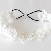 White flower sequin lace elastic headband for bridal