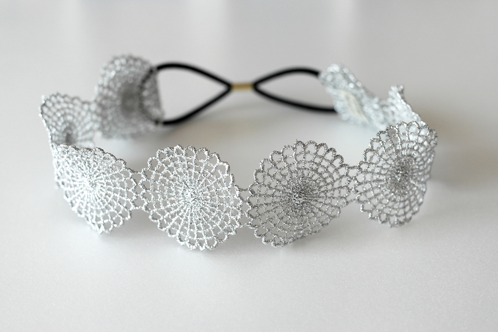 Silver Metallic Circle Lace Elastic Headband For Bridal on Luulla